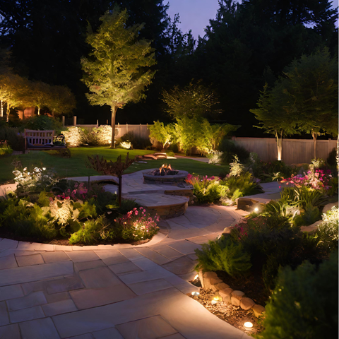 A beautifully illuminated garden with carefully placed outdoor landscape lighting, creating a serene and inviting atmosphere.