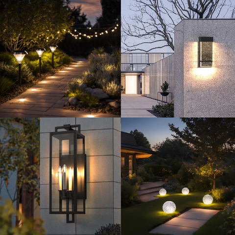 Collage of outdoor lights both wired and solar in various styles and settings.