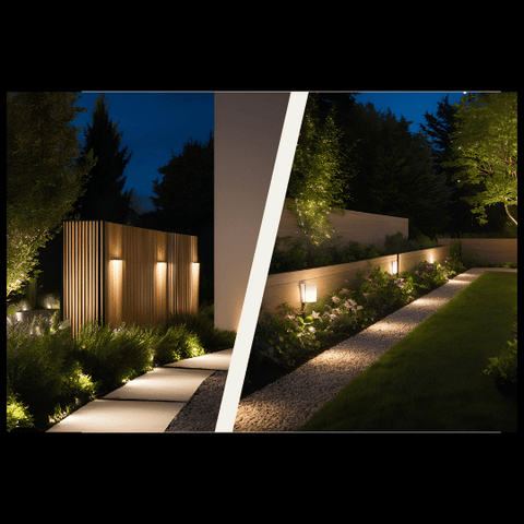 Collage of a nighttime garden scene with wall lights mounted along a high garden wall, casting a bright and even glow onto the path, clearly defining the walkway.