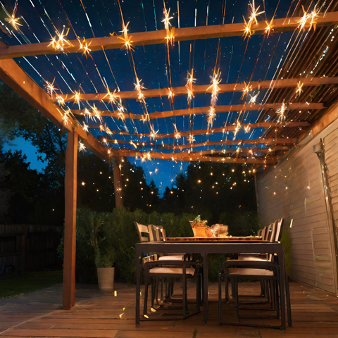 Outdoor patio lighting ideas featuring fairy lights arranged to mimic a meteor shower, creating a serene ambiance above a cosy patio dining area