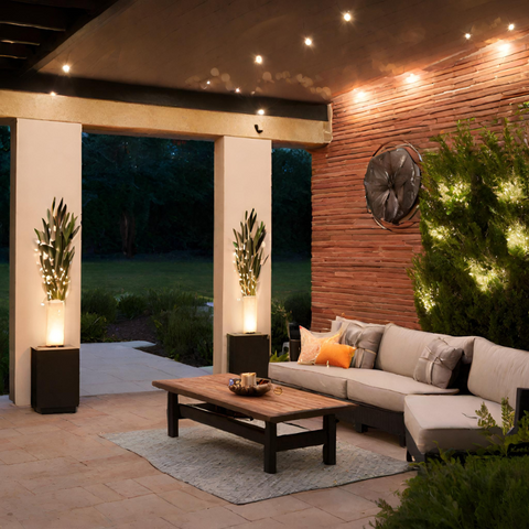 Captivating outdoor lights illuminate a patio adorned with stylish furniture and lush greenery, offering inspiration for outdoor lights for patio ideas.