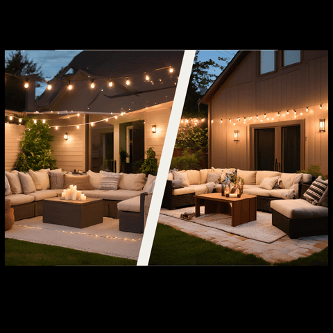 An evening patio scene with outdoor wall lights casting a warm, inviting glow. The lights illuminate the space clearly for social gatherings while creating a cosy, relaxed atmosphere along with string lights.