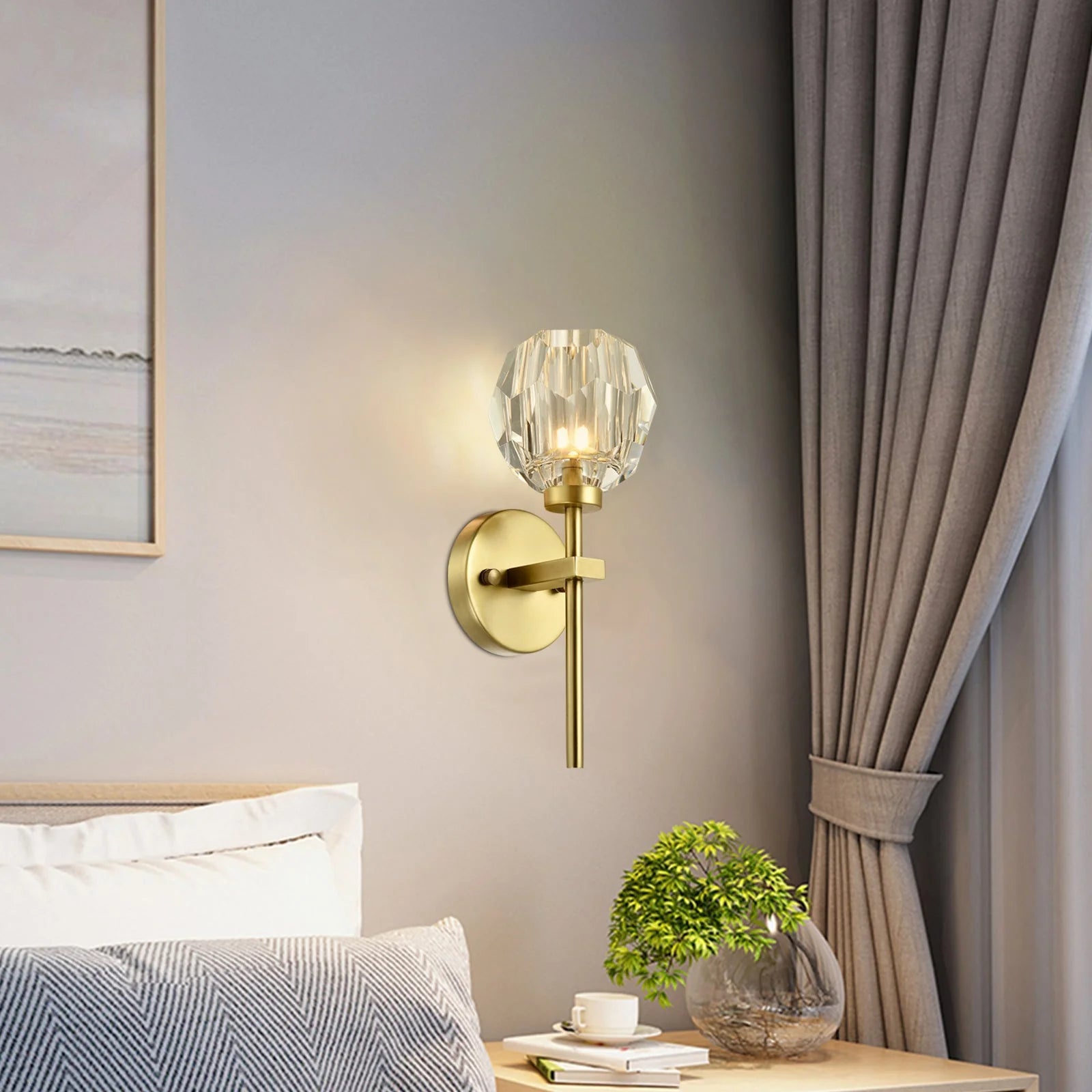 Interior wall lights featuring a crystal wall light positioned above the side table by the bed, adding elegance and ambient lighting to the bedroom setting.