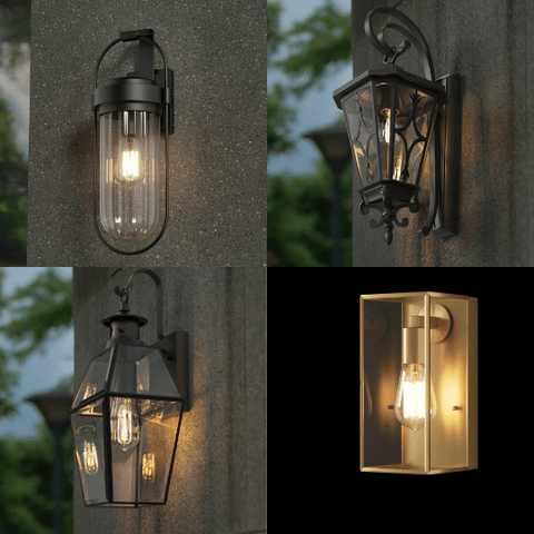 Collage of exterior wall lights in various styles, each mounted on a wall, showcasing different design options.