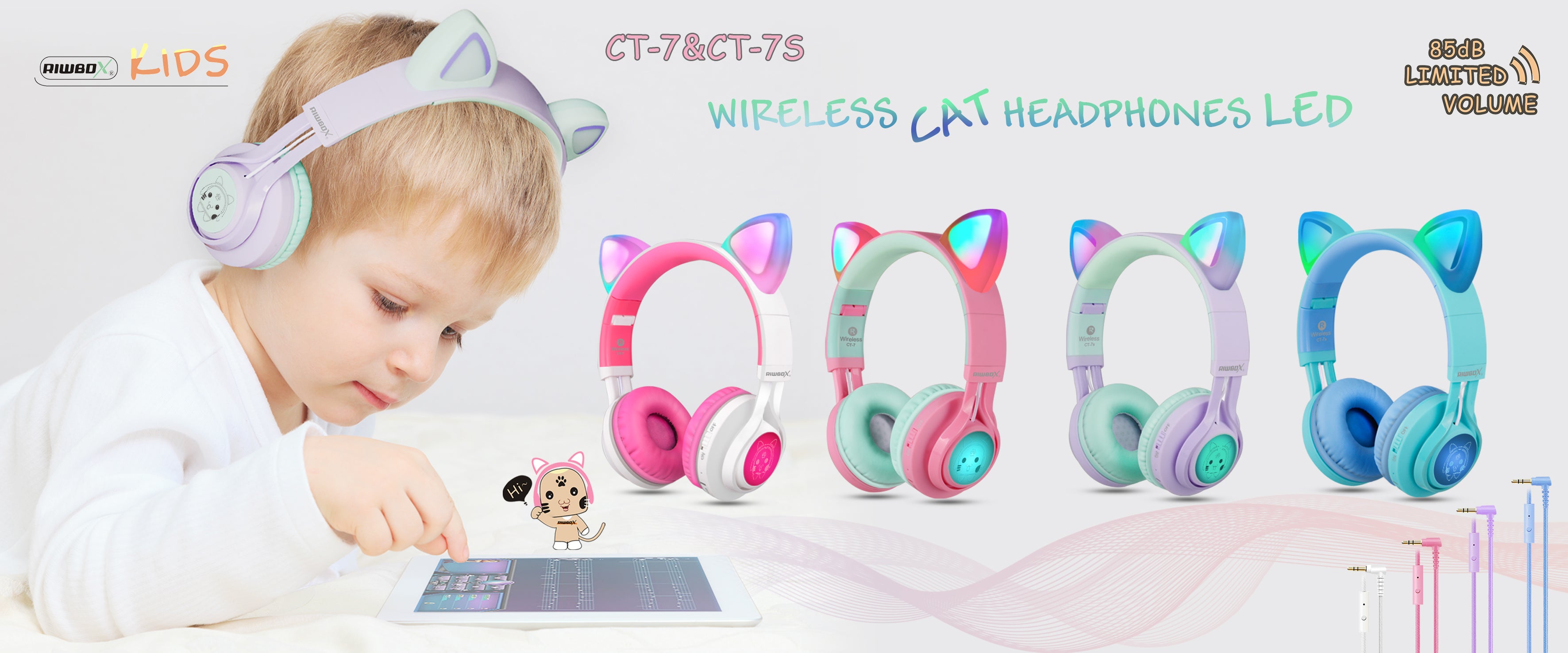 Riwbox CT-7S Cat Ear Bluetooth Headphones With LED For Kids