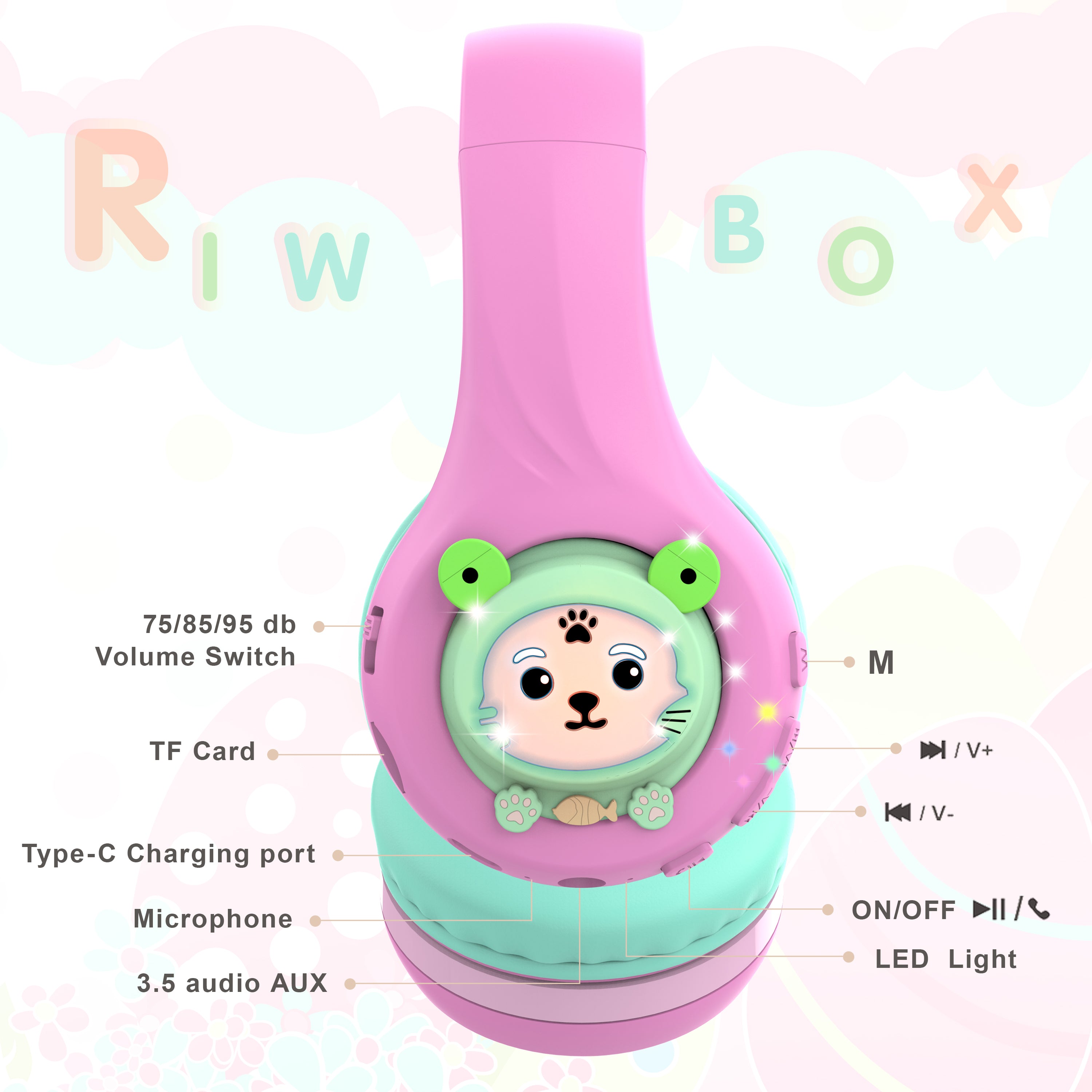 Riwbox Baosilon FB-7S Bluetooth Headphones With LED For Kids