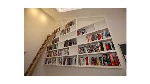 Oak rolling ladder attached to bookcase