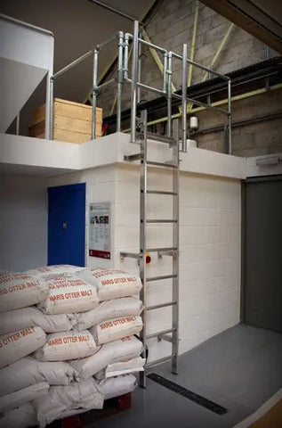 Vertical ladder with walkthrough indoors