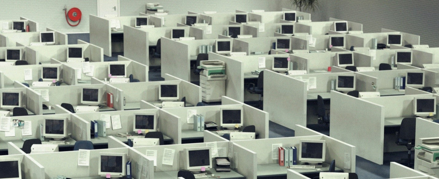 Photo of a “Cube Farm” in the 1990s. (Image Credit: fistfuloftalent.com)
