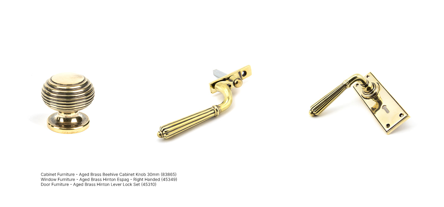 Aged Brass ironmongery including a Beehive cabinet knob, Hinton window espag. and  Hinton lever handle.