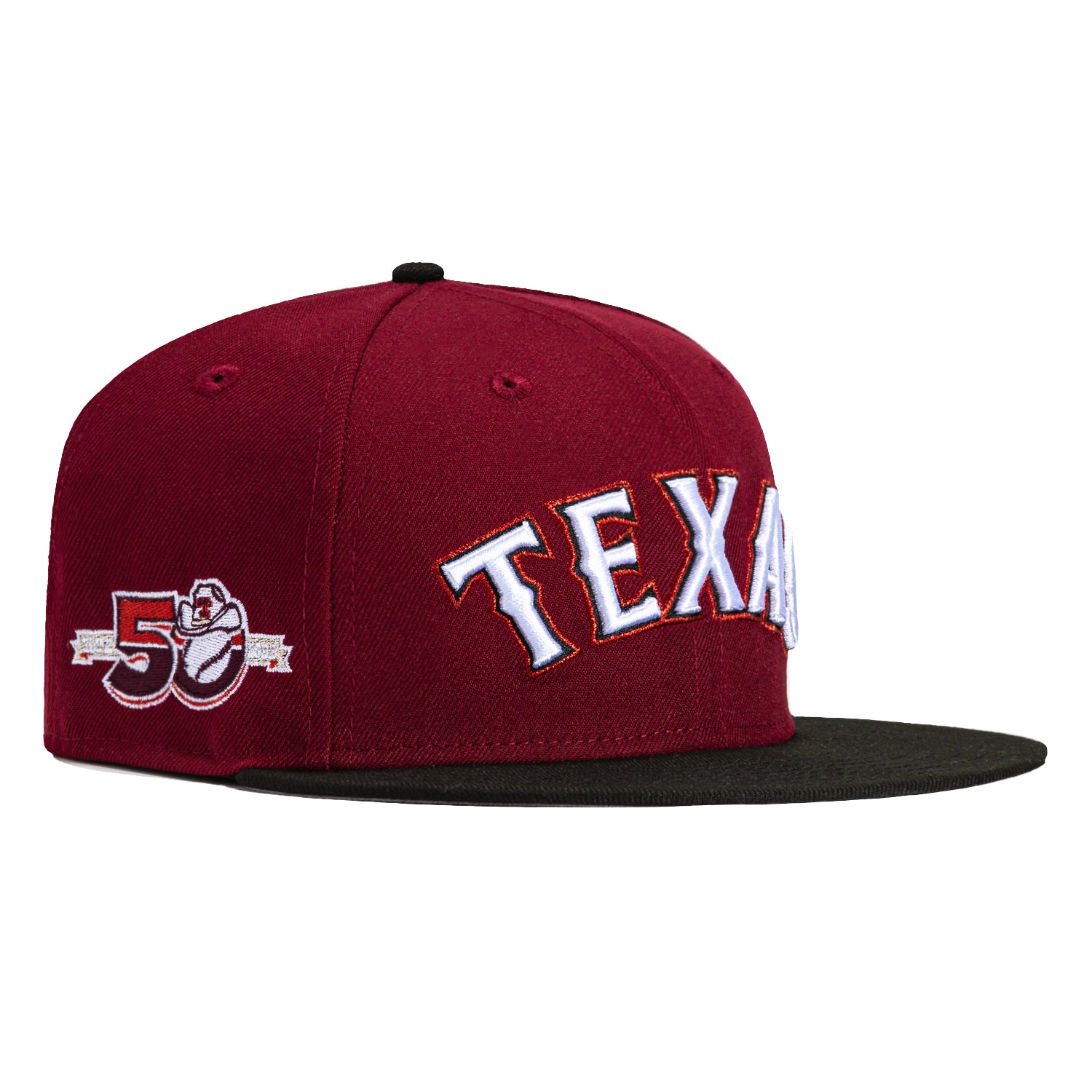 New Era 59Fifty Texas Rangers 50th Anniversary Patch Word Hat - Cardinal, Black