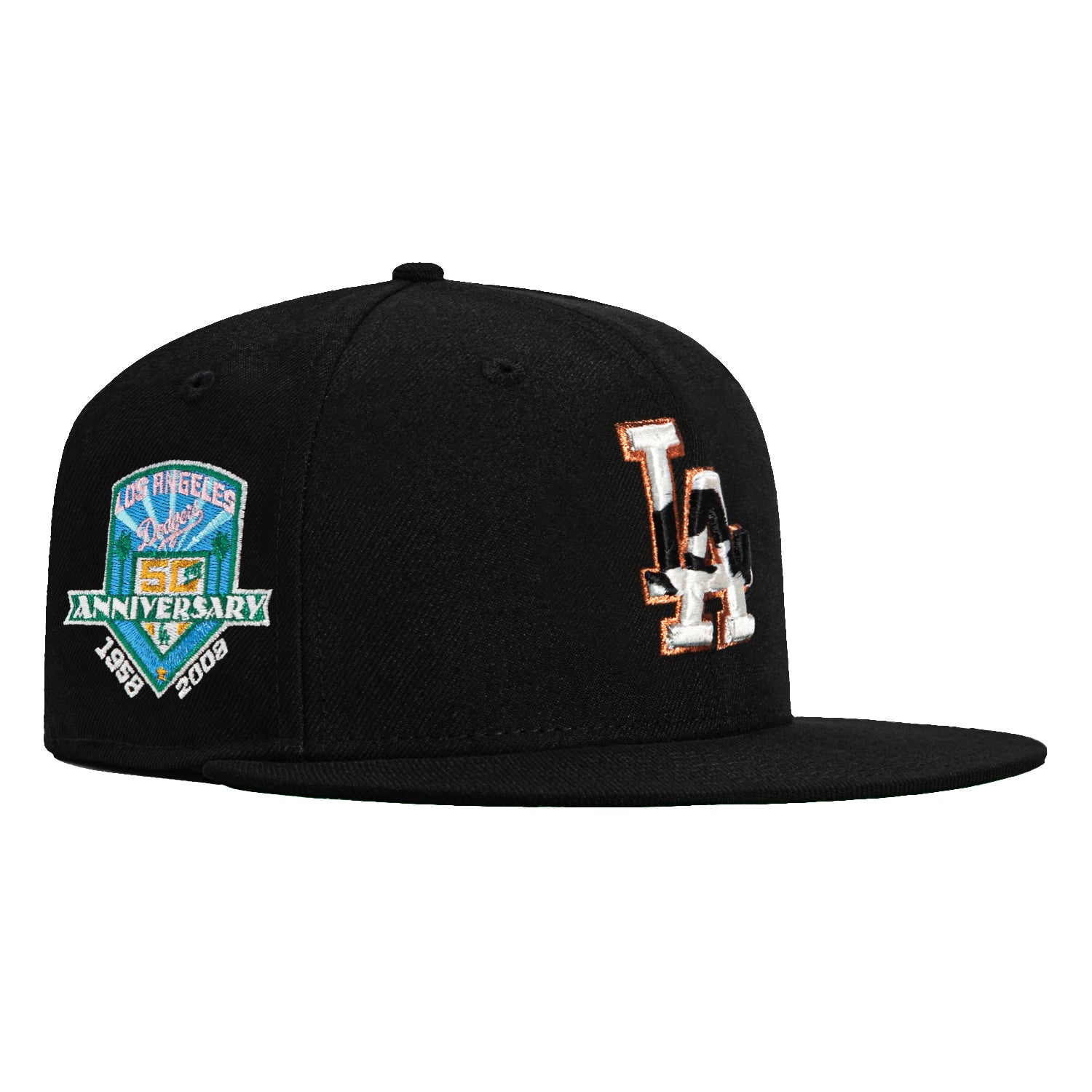 New Era 59Fifty Cattle Pack Los Angeles Dodgers 50th Anniversary Patch Hat - Black, White, Metallic Copper