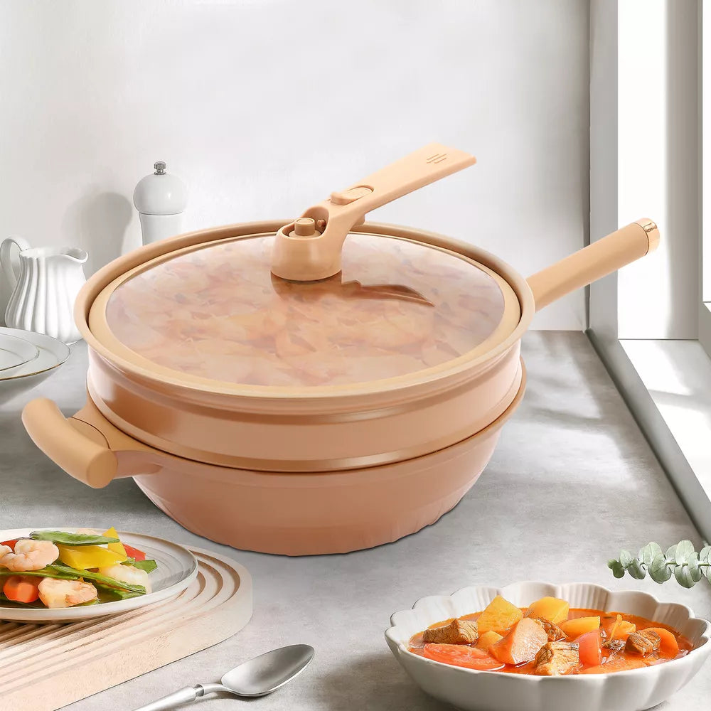 Iron Wok with Lid,Wok with Steamer Basket,Nonstick Frying Pan and Steamer Cooking,NonStick Wok Pan