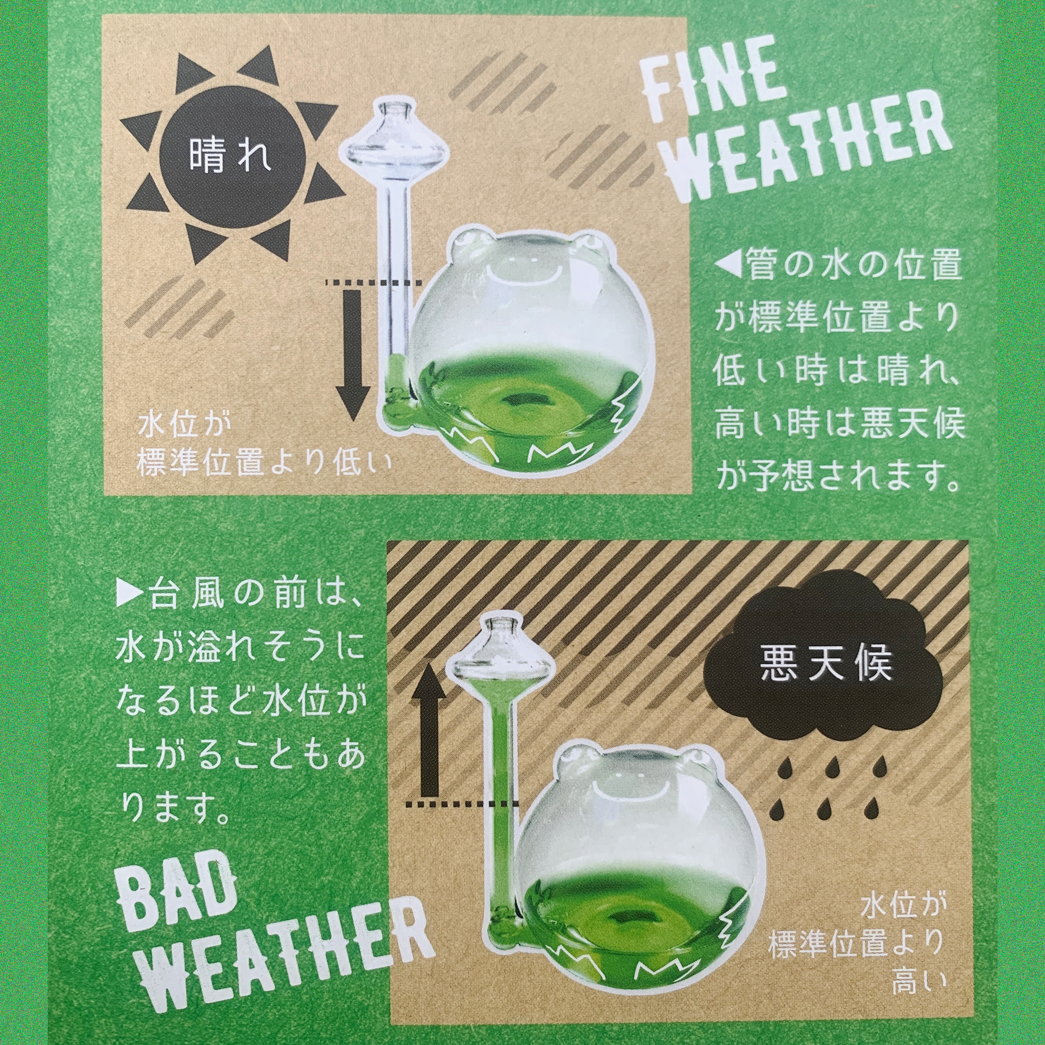 花創人から新発売された「晴雨予報グラスTHE FROG weatherザ・フロッグ ウェザーリポーター」は、カエルのデザインがとてもおしゃれでかわいらしいアイテムです。ニトリやアマゾン・楽天でおすすめされており、使い方も簡単で自由研究に役立ちます。気象予報士の仕事には正確ではないので役立たないかもしれませんがインテリアにはぴったりです。メーカーから丁寧な作り方も提供されており、手軽に購入できる値段も魅力です。天気の子のように愛らしいストームグラスやスウィートグラスとしても知られ、ガラス製で耐久性も抜群とはいきませんが気をつけてお使いください。気象情報を楽しく確認しながら、毎日の天気を楽しむことができます。