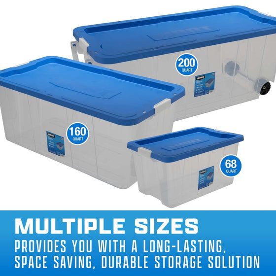 160 Qt Clear Latching Plastic Storage Tote with Blue Lid - Set of 3