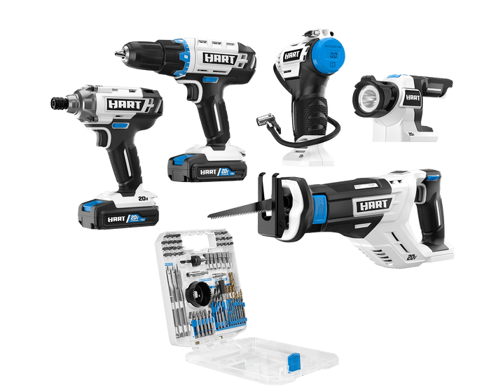 20V Cordless 5-Tool Combo Kit (1/2" Drill/Driver, Impact Driver, Reciprocating Saw, Inflator, LED Work Light, 70PC Drill/Drive Bit Set, (2) 1.5Ah Lithium-Ion Batteries)