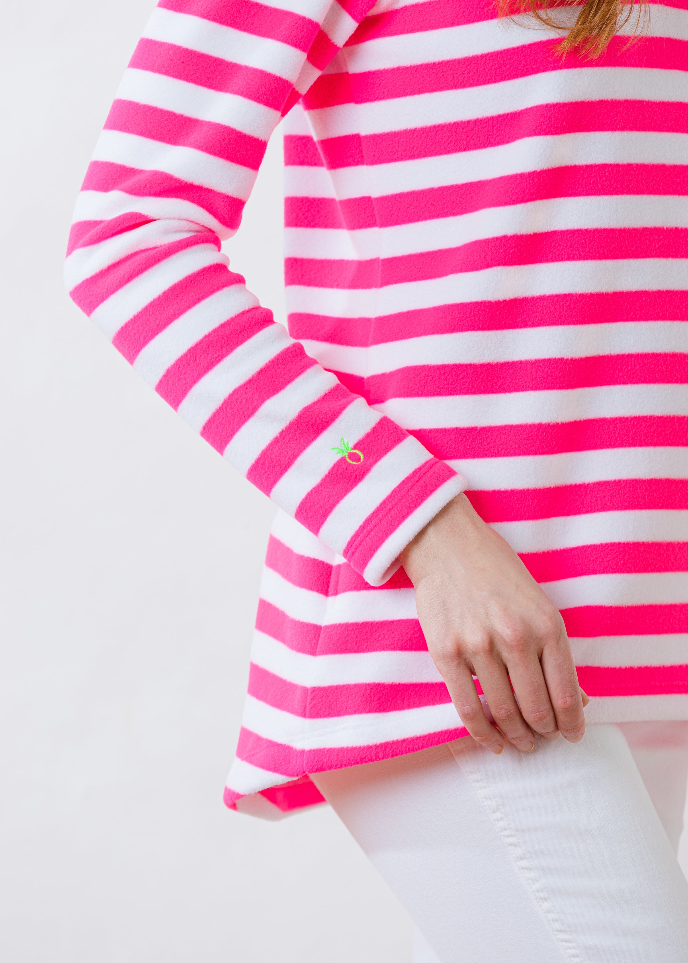 Prospect Pullover in Striped Fleece (Neon Pink / White)