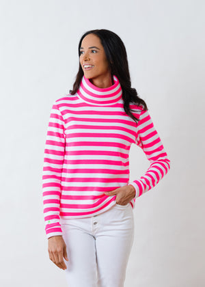 
            
                Load image into Gallery viewer, Park Slope Turtleneck in Striped Fleece (Neon Pink / White)
            
        