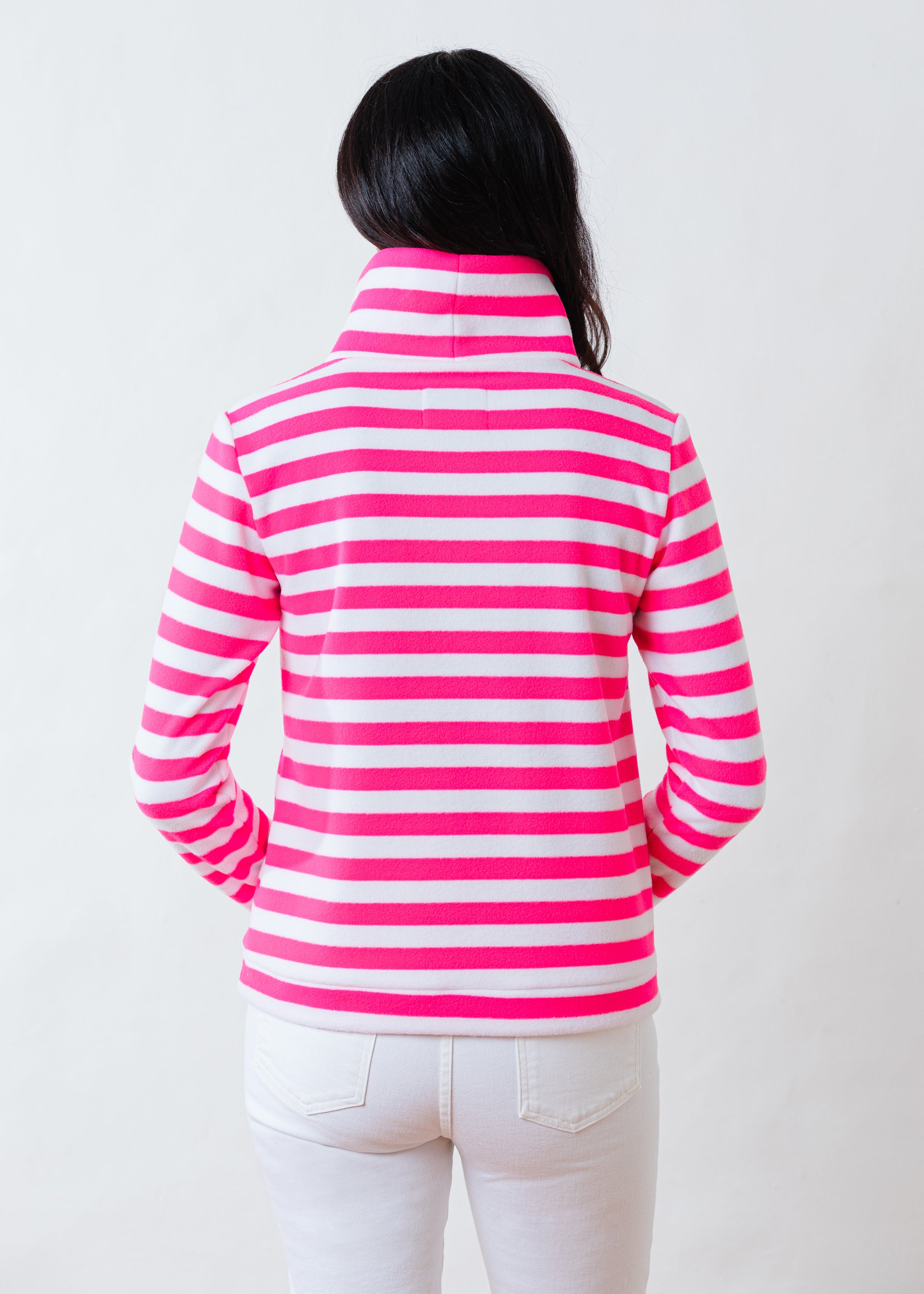 Park Slope Turtleneck in Striped Fleece (Neon Pink / White)