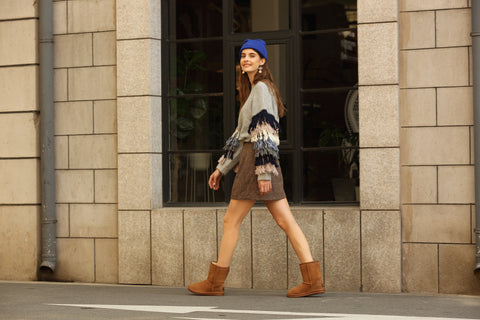 UGG Premium Short Classic Boots with a model walking displaying the Chestnut Colour
