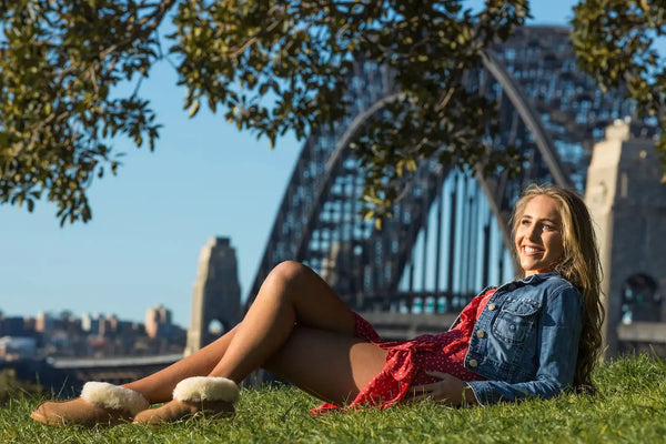 UGG Platinum Classic Ankle Slipper - Australian Made - Model Shot Under Sydney Harbour Bridge