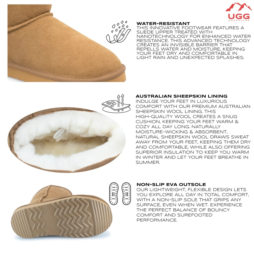 UGG Roughland product features: Water resistant, Australian moisture wicking Sheepskin wool lining, EVA soft sole for maximum grip and flexible outsole.