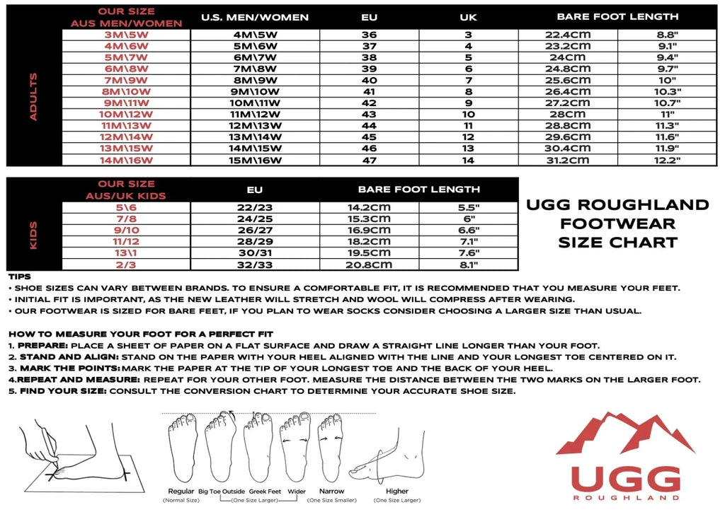 UGG Roughland Australian Wool Footwear Size Chart for Adults and Kids.