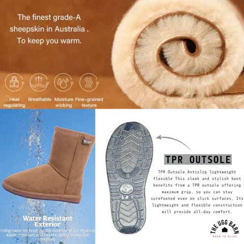 UGG Features on Premium Collection, Australian Premium Sheepskin, Water Resistant and non-slip TPR sole @ The UGG Barn