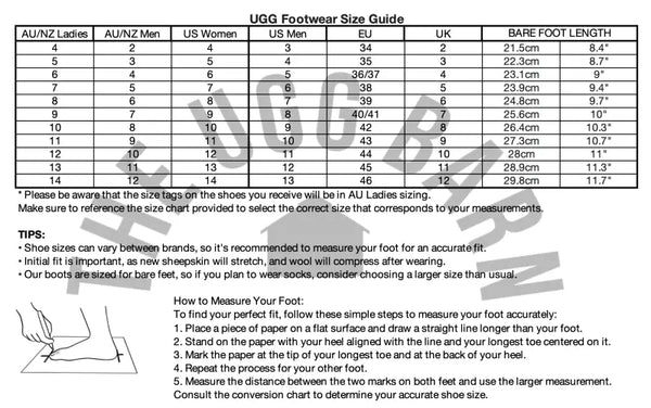 UGG Footwear Size guide Chart at The UGG Barn