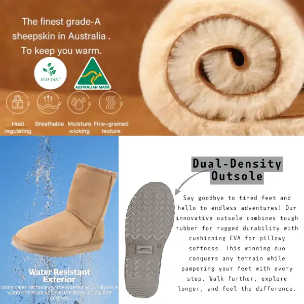 Australian Made UGG Features, Australian Double Face Sheepskin, Water Resistant, Dual Density Outsole