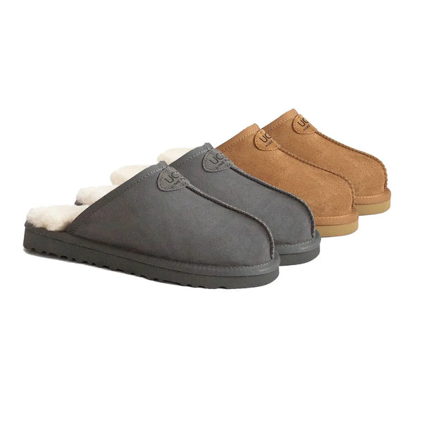 UGG Premium Sheepskin  Men Scuffs in Grey and Chestnut colours.