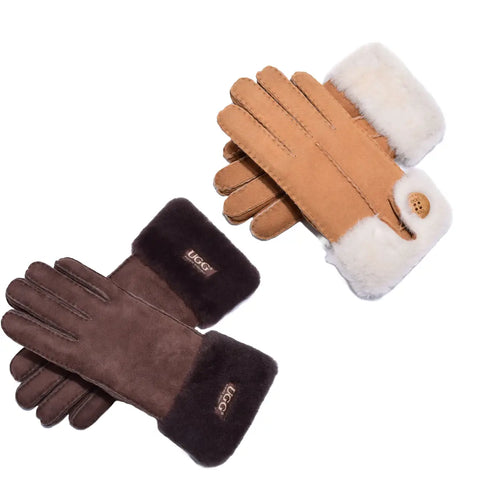 UGG Premium Button Sheepskin Gloves, in Chestnut and Chocolate colours.