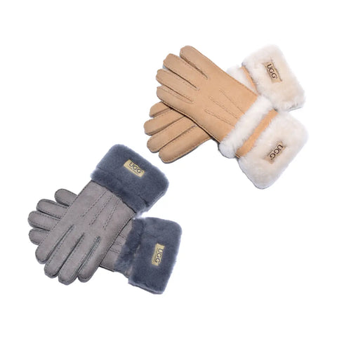 UGG Double Cuff Sheepskin Gloves in Chestnut & Grey colours.