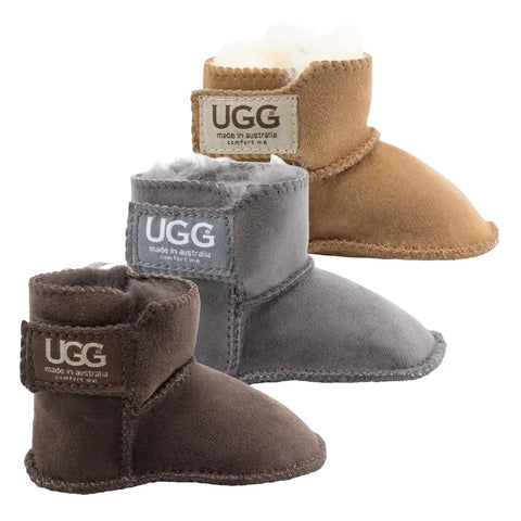 UGG Platinum Gripper Baby VELCRO® UGG Booties - Australian Made in Grey, Chestnut and Chocolate colours.