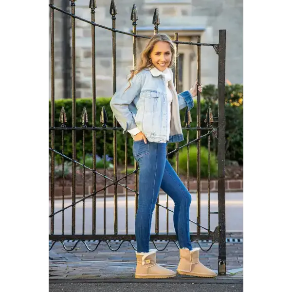 UGG Platinum Mini Bailey Button Boot - Australian Made - Clearance Colours - Female Model Shot by the gate