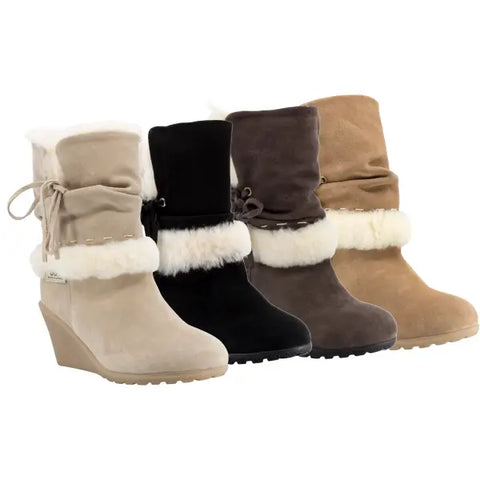 UGG Chantelle Wedge Fashion Sheepskin Boots in Sand, Chestnut, Black or Chocolate colours.