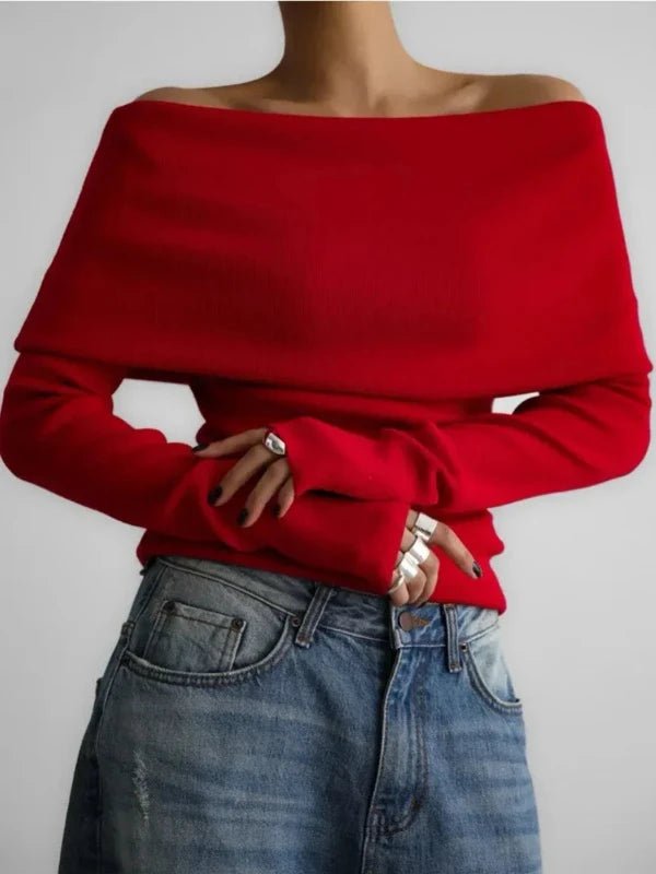 Long Sleeve Slim Fit Off Shoulder Knitted Top - SHExFAB