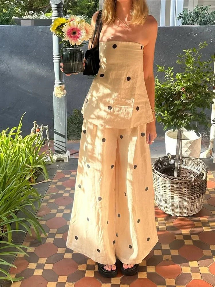 Polka Dot Strapless Top and Wide Leg Pants Matching Set - SHExFAB