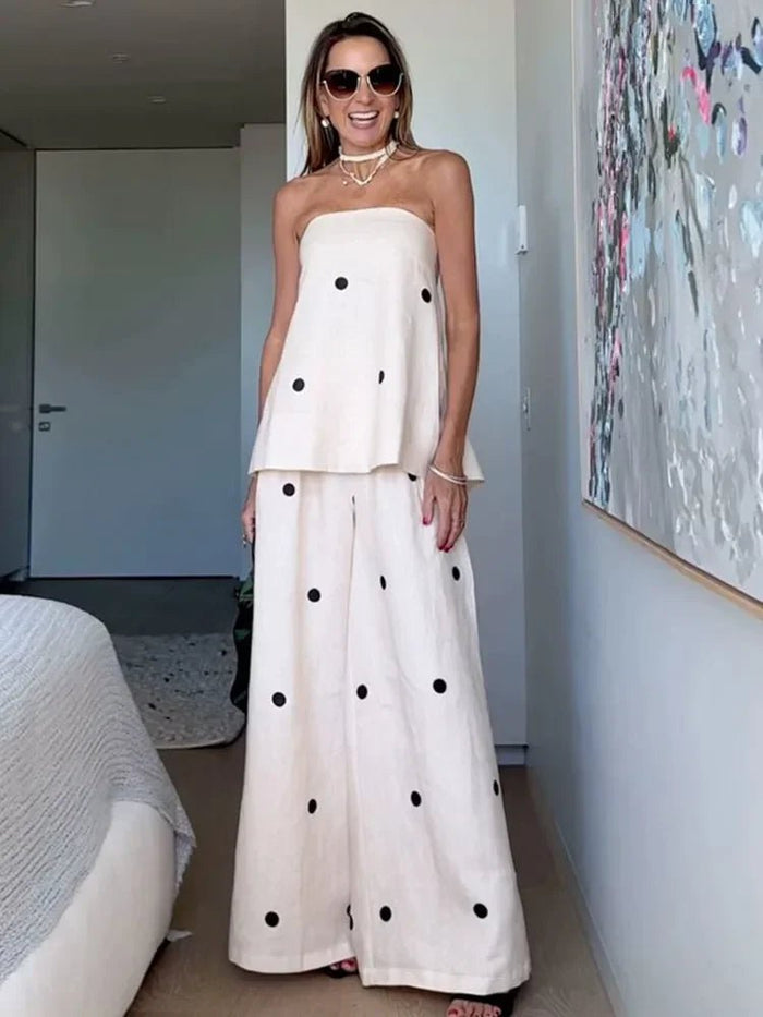 Polka Dot Strapless Top and Wide Leg Pants Matching Set - SHExFAB