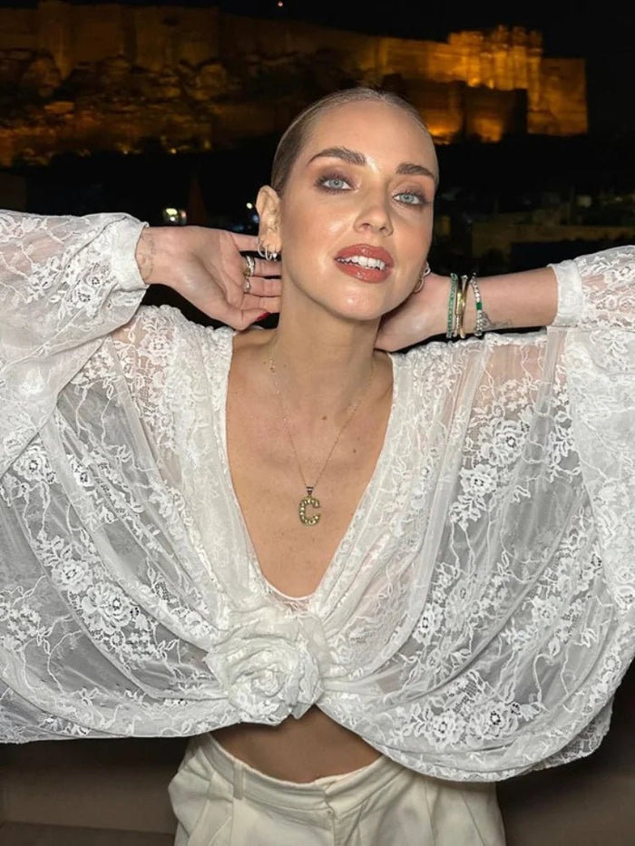 V-Neck 3D Flower White Sheer Lace Crop Blouse Top - SHExFAB