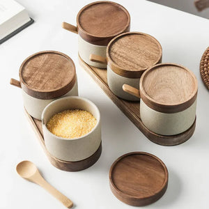 Ceramic Seasoning Jars With Wooden Lid - BizzyBargains.com