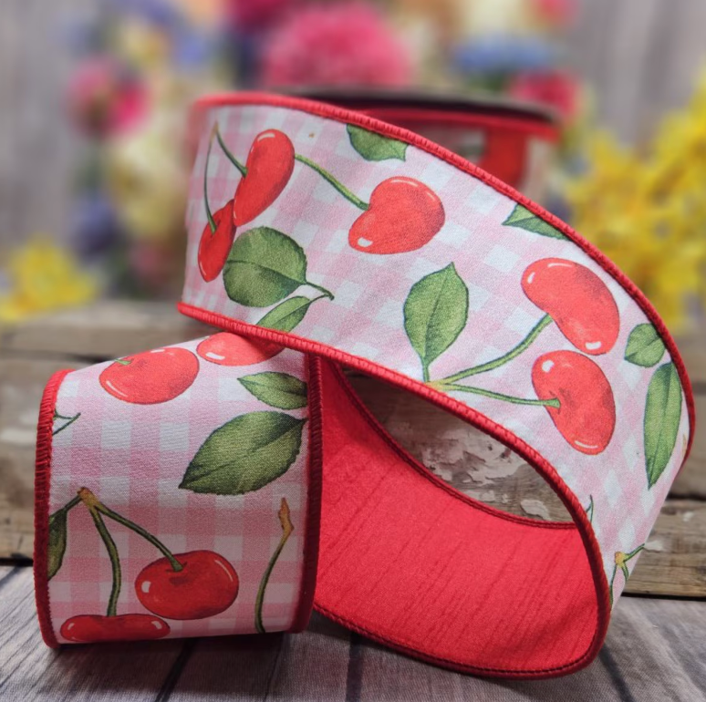 3" x 10yds dupion cherry gingham, pink white