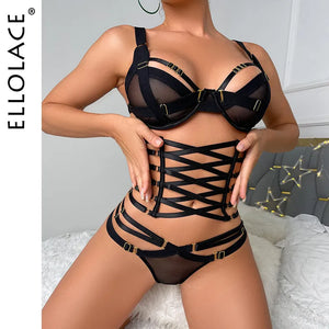 Ellolace Erotic Lingerie Bandage Garters Female Underwear 3-Piece Outfit Transparent Bra Sexy Costumes Without Censorship - Midnight Lingerie