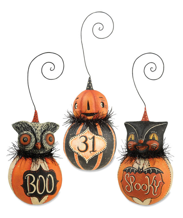 Happy Halloween Ball Ornaments | Owl Cat & Pumpkin Ornaments by Johanna ...