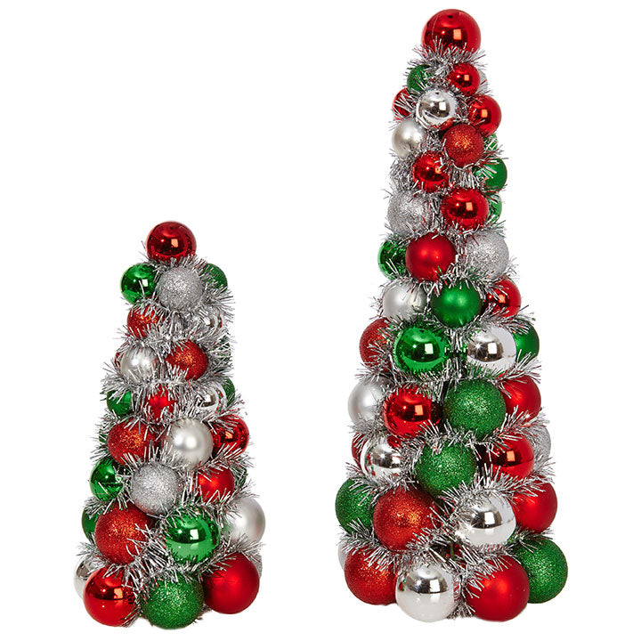 Ball Tinsel Trees With Red Green Silver Balls