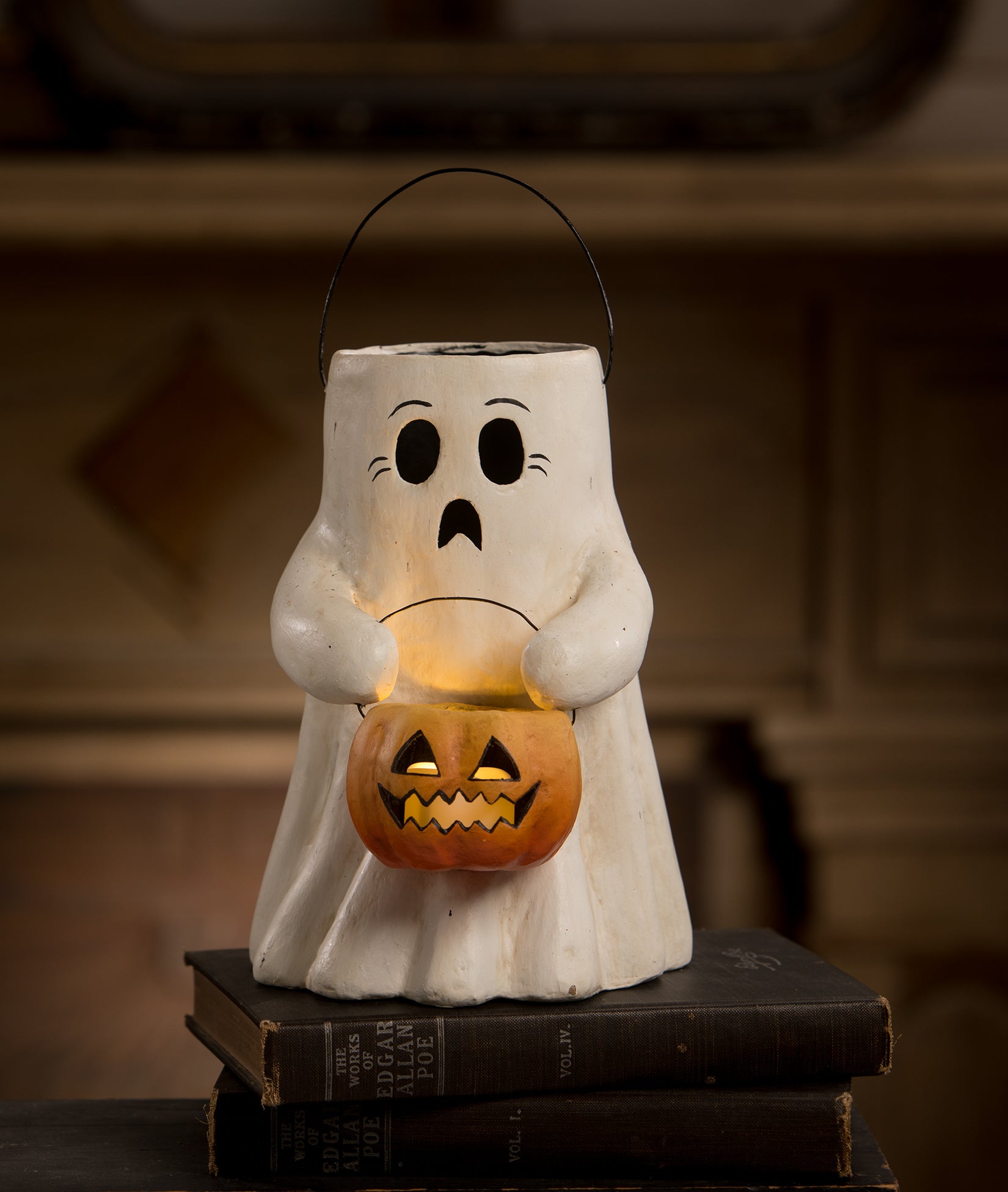 Scaredy Boo Ghost with Pumpkin Bucket Paper Mache Ghost Bethany owe ...