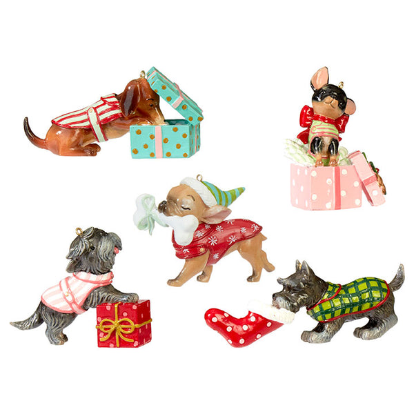 Dogs with Christmas Gifts, Ornament Set - TheHolidayBarn.com