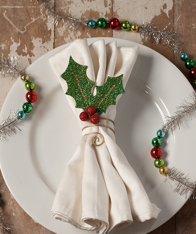 Glittered Holly Leaf Napkin Ring - TheHolidayBarn.com