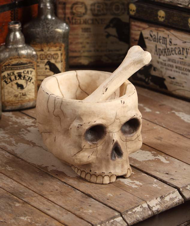 Mr. Bones Skull Mortar &amp; Pestle | Bethany Lowe Halloween Paper Mache