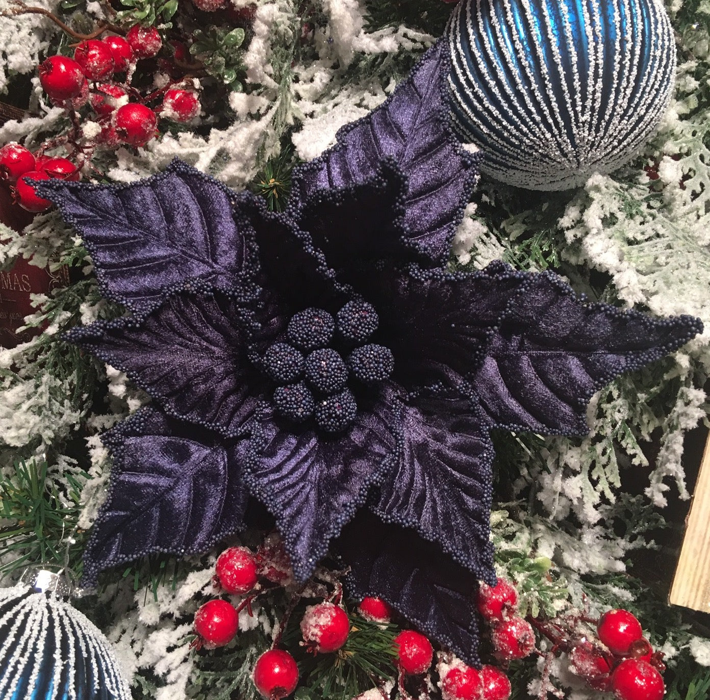 Navy Blue Poinsettia Picks, Set of 3  Blue Holiday Decorations
